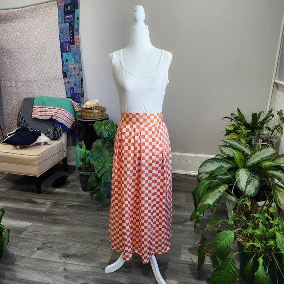 Vintage 1990's Orange & White Check Maxi Dress - Picture 2 of 9